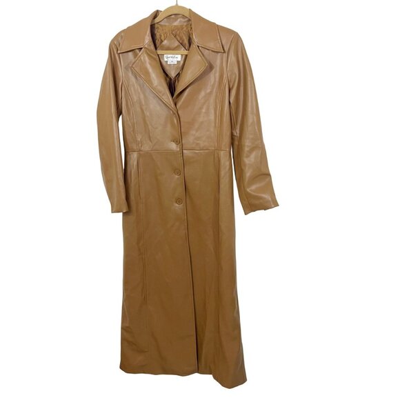 Vintage Charlotte Russe Brown Faux Leather Trench Coat Y2K Bratz Size Medium - Picture 1 of 7